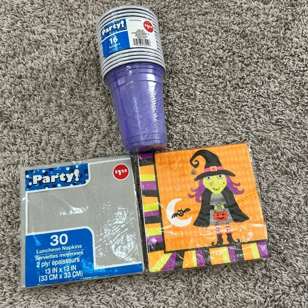 Halloween Party Supplies Bundle Purple Cups Witch Bats &‎ Silver Napkins 64pc